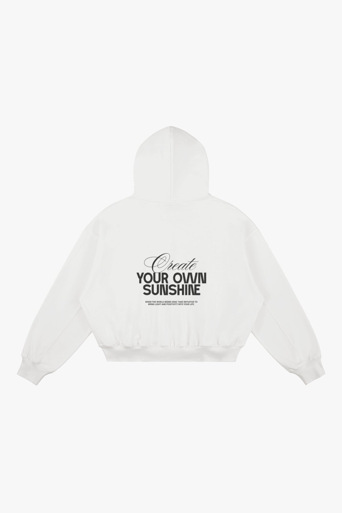 hoodie branca com arte "Ceate your own sunshine" em glitter preto