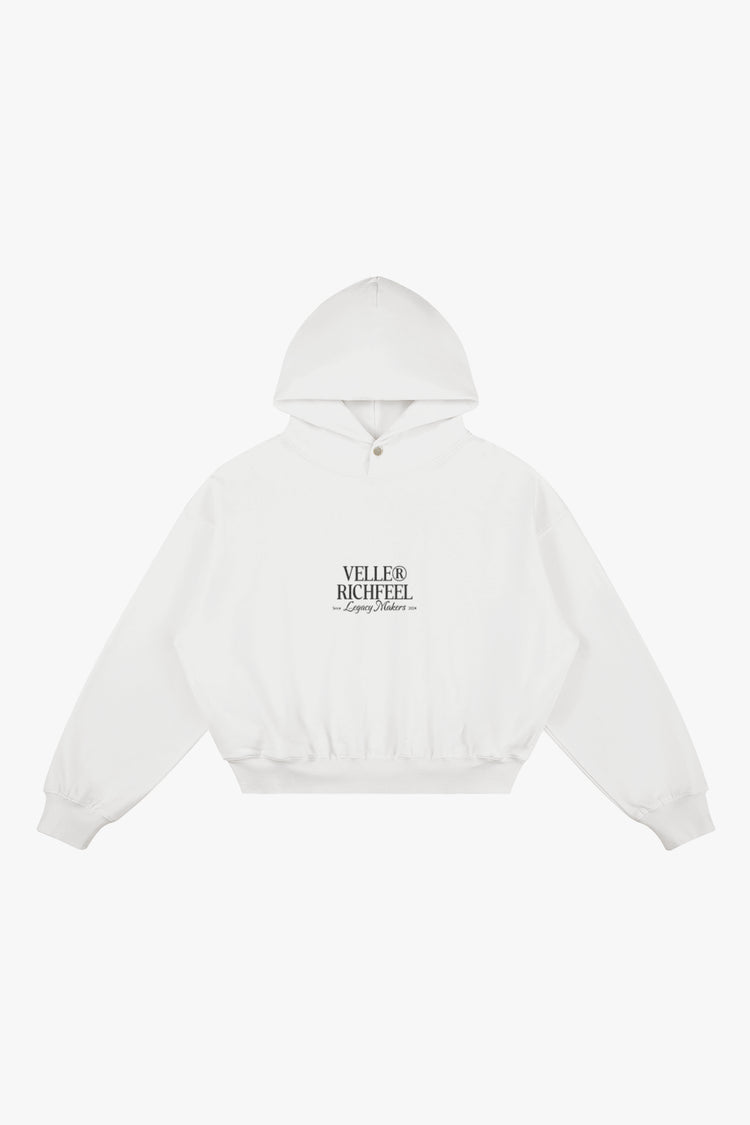 white hoodie with “Create your own sunshine” design in black glitter