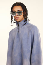360GSM Unisex Monkey Wash Fall&Winter PP-Sprayed  Half-Zip Stand Collar Sweatshirt Blue