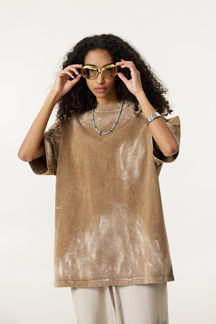 260GSM Unisex Painted Pigment-Wash T-shirt Coffee Brown