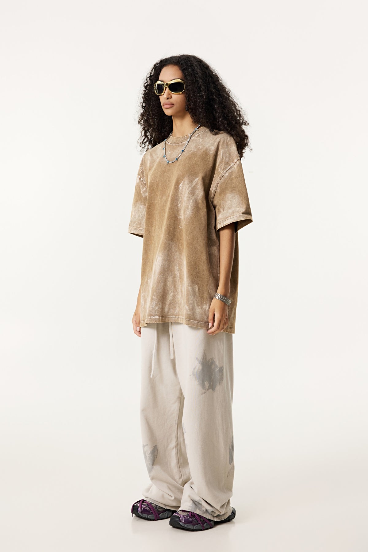 260GSM Unisex Painted Pigment-Wash T-shirt Coffee Brown