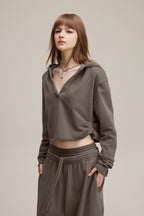 320GSM Women’s Pigment-Wash Hooded  Pleated V-Neck Hoodie Coffee