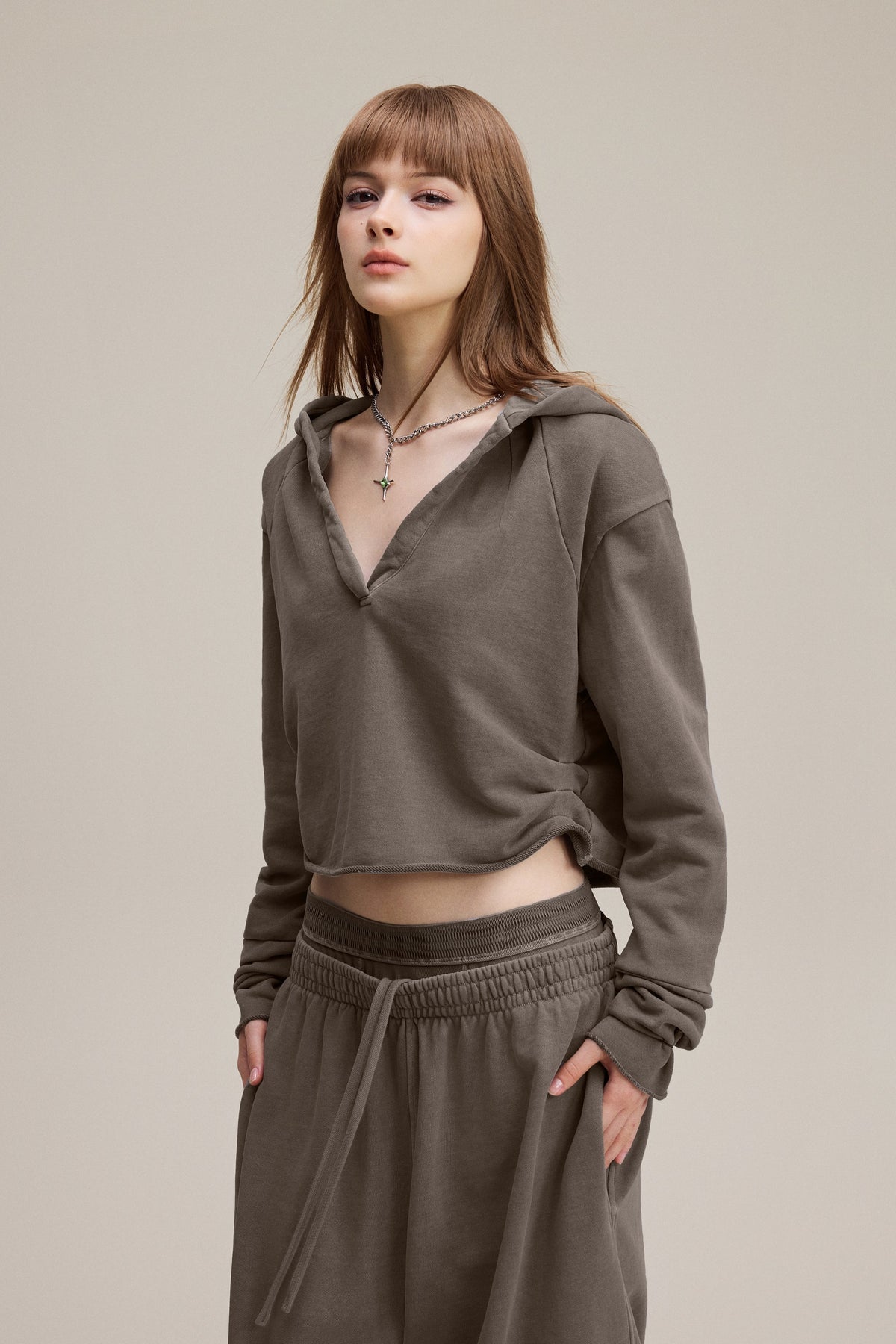 320GSM Women’s Pigment-Wash Hooded  Pleated V-Neck Hoodie Coffee