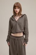 320GSM Women’s Pigment-Wash Hooded  Pleated V-Neck Hoodie Coffee