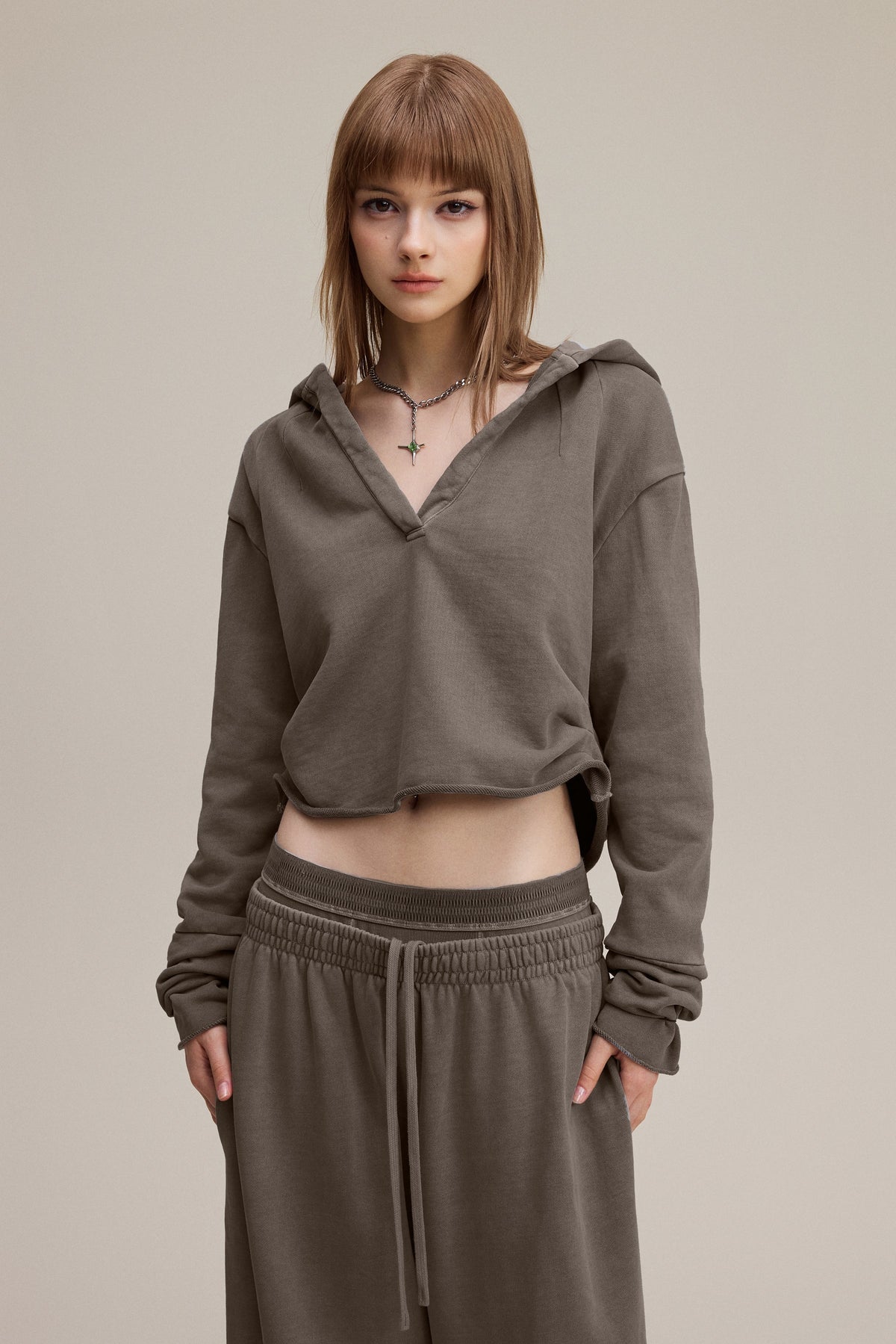 320GSM Women’s Pigment-Wash Hooded  Pleated V-Neck Hoodie Coffee