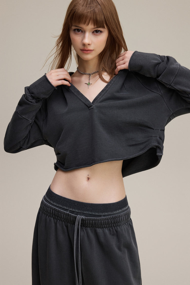 320GSM Women’s Pigment-Wash Hooded  Pleated V-Neck Hoodie Dark gray