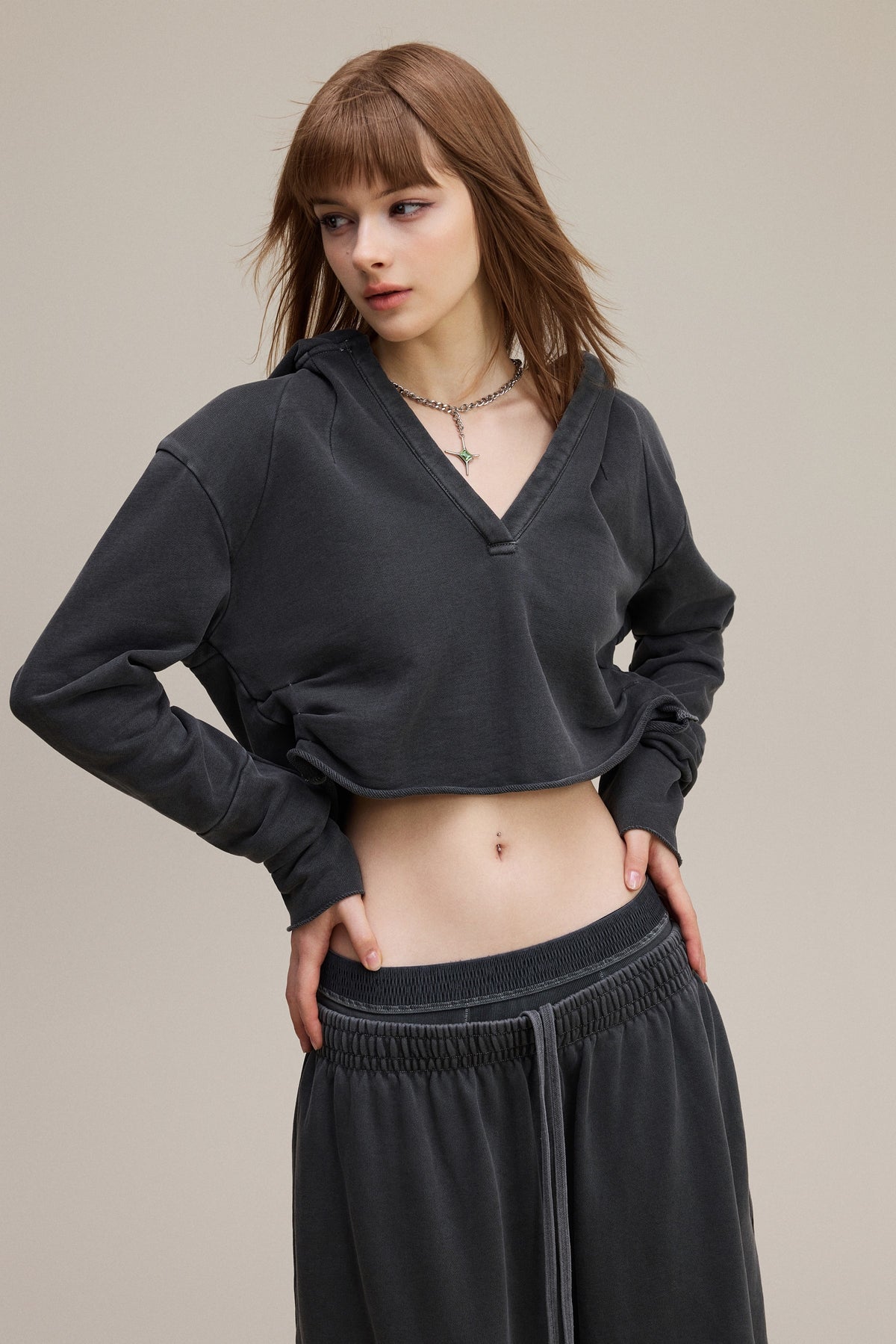 320GSM Women’s Pigment-Wash Hooded  Pleated V-Neck Hoodie Dark gray