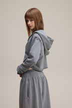 320GSM Women’s Pigment-Wash Hooded  Pleated V-Neck Hoodie Medium gray