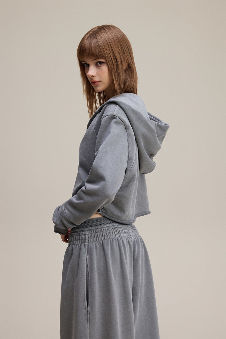320GSM Women’s Pigment-Wash Hooded  Pleated V-Neck Hoodie Medium gray