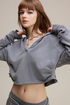 320GSM Women’s Pigment-Wash Hooded  Pleated V-Neck Hoodie Medium gray