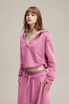 320GSM Women’s Pigment-Wash Hooded  Pleated V-Neck Hoodie Rose pink