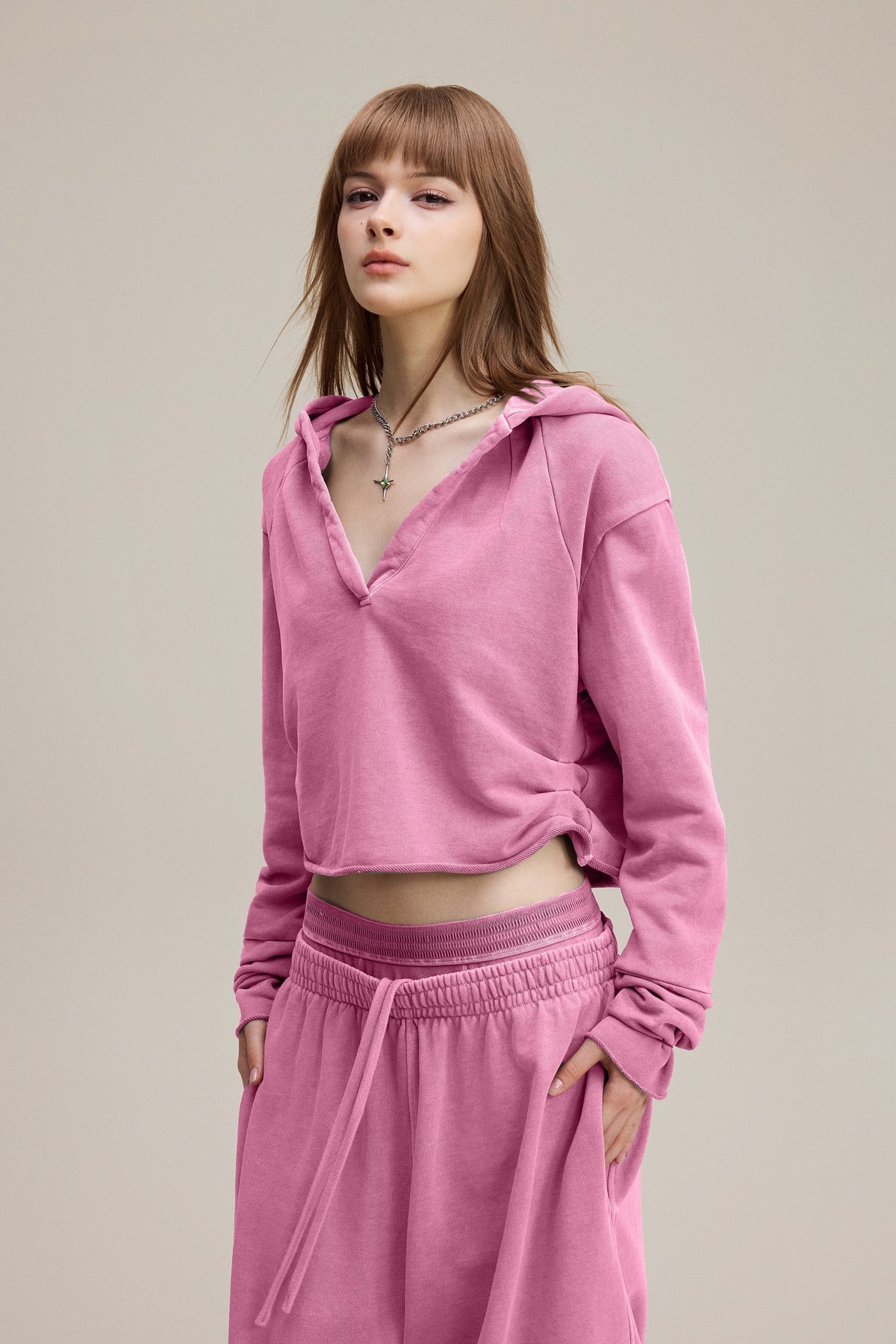 320GSM Women’s Pigment-Wash Hooded  Pleated V-Neck Hoodie Rose pink