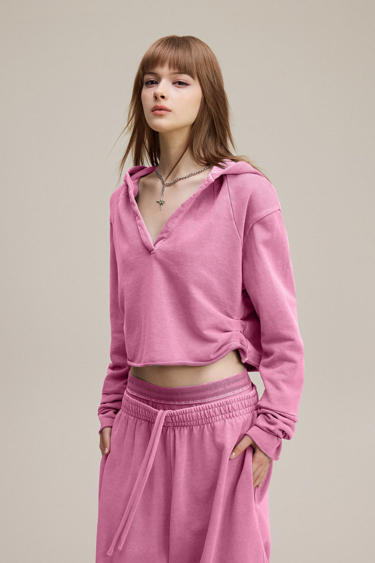 320GSM Women’s Pigment-Wash Hooded  Pleated V-Neck Hoodie Rose pink
