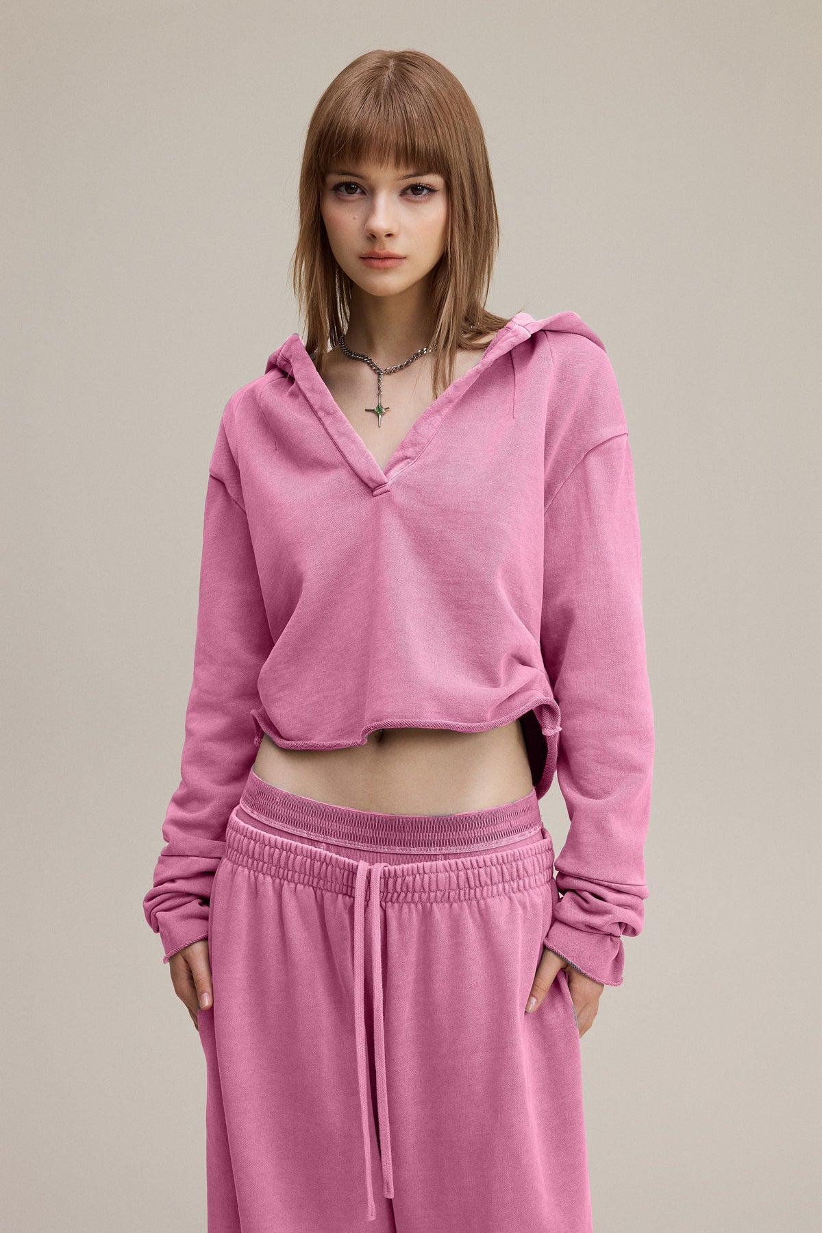 320GSM Women’s Pigment-Wash Hooded  Pleated V-Neck Hoodie Rose pink