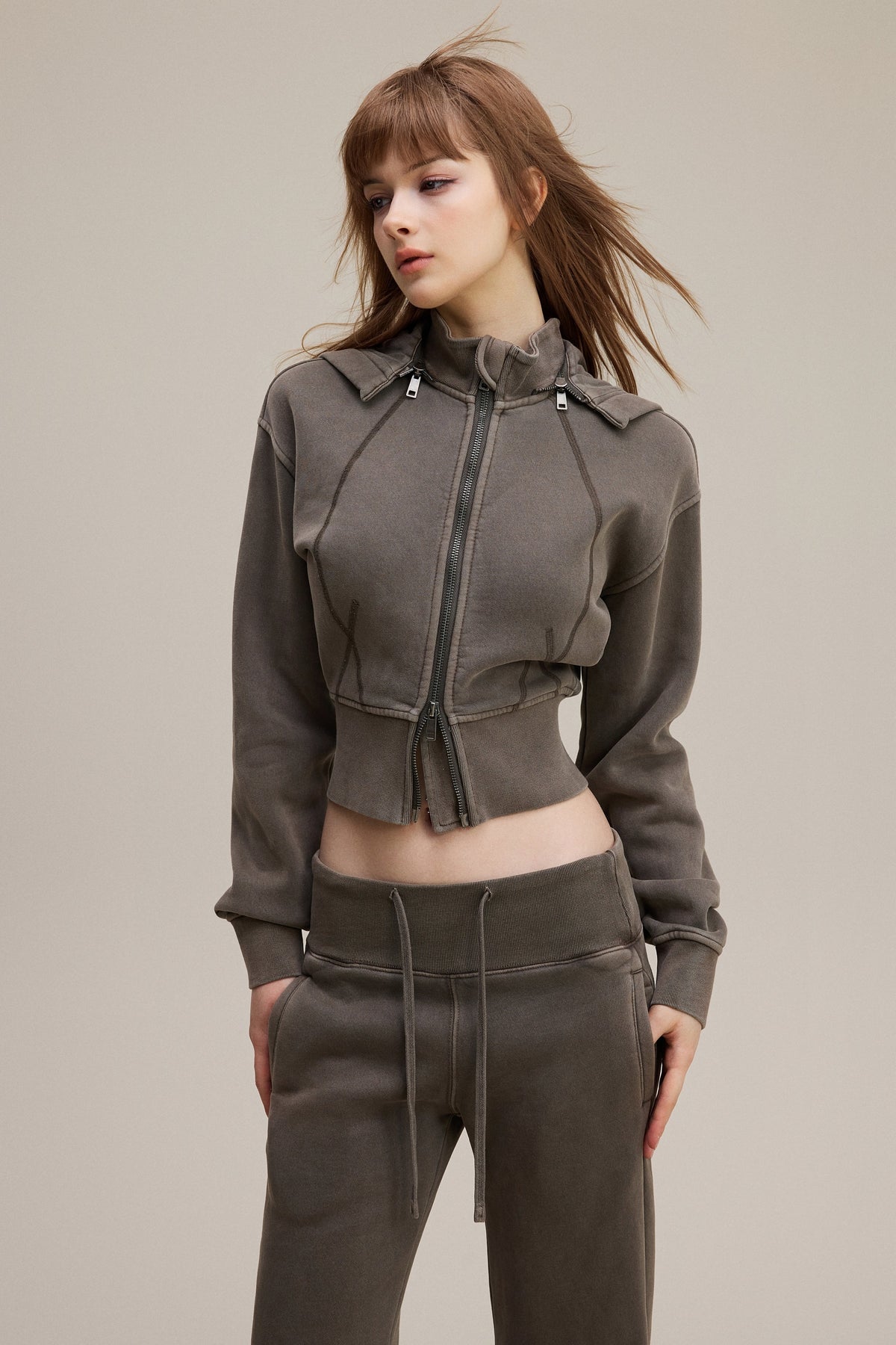 400GSM Women's Slim-Fit Pigment-Wash Zip-Up Hoodie with Detachable Hood Coffee