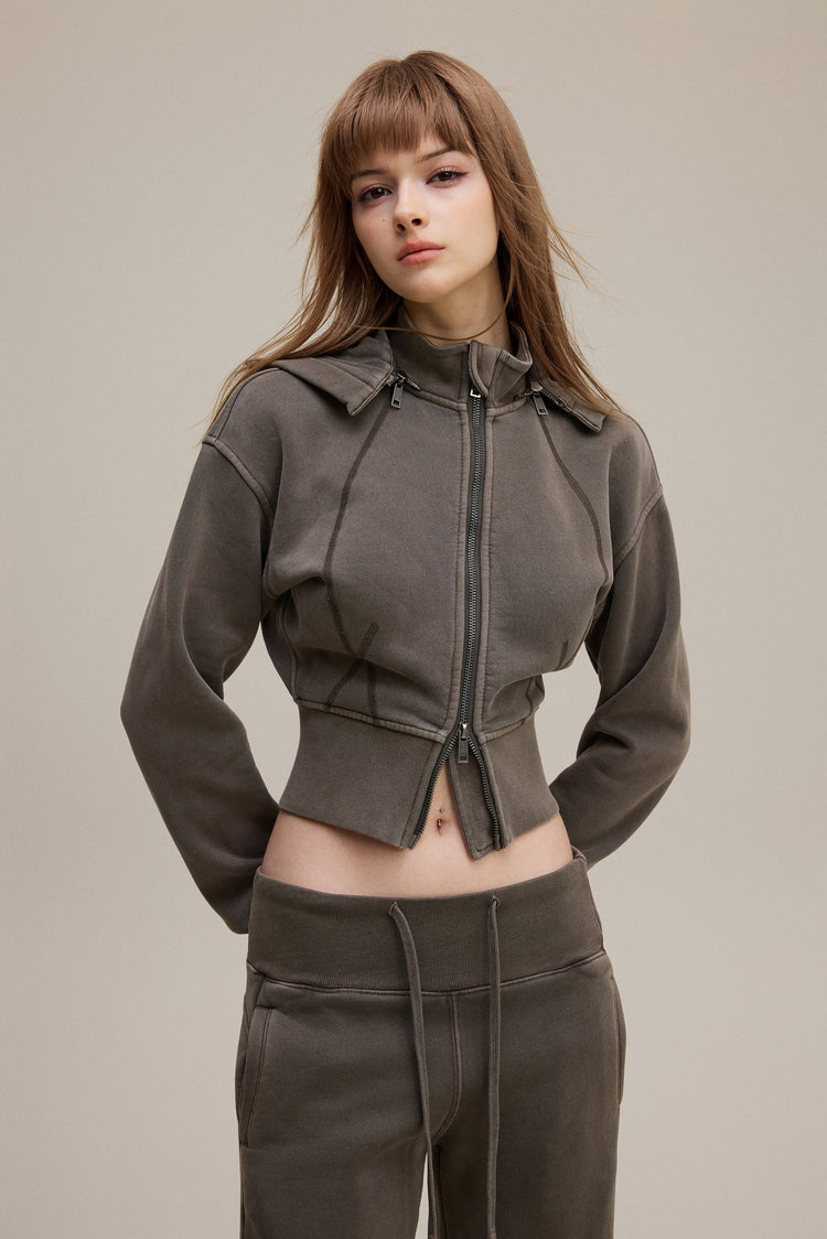 400GSM Women's Slim-Fit Pigment-Wash Zip-Up Hoodie with Detachable Hood Coffee