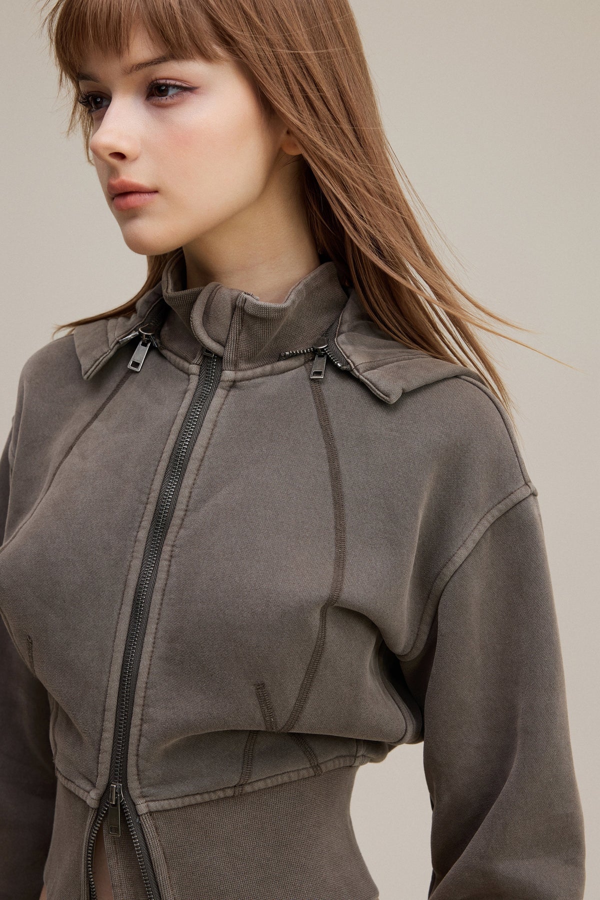 400GSM Women's Slim-Fit Pigment-Wash Zip-Up Hoodie with Detachable Hood Coffee