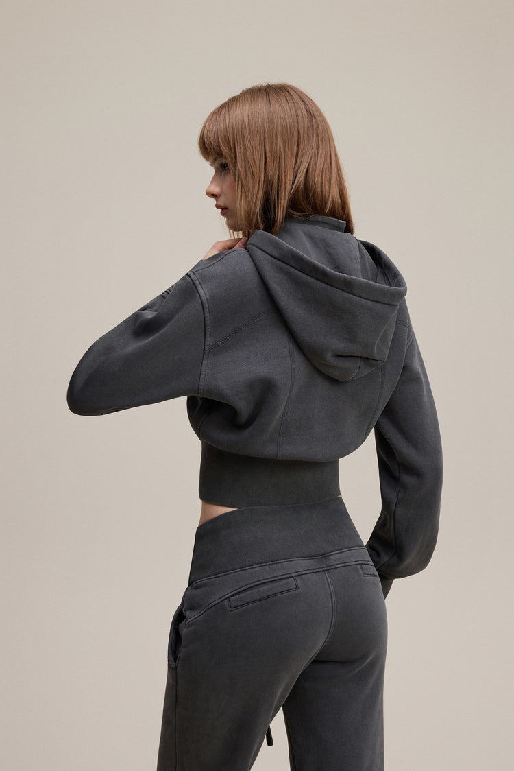 400GSM Women's Slim-Fit Pigment-Wash Zip-Up Hoodie with Detachable Hood Dark gray