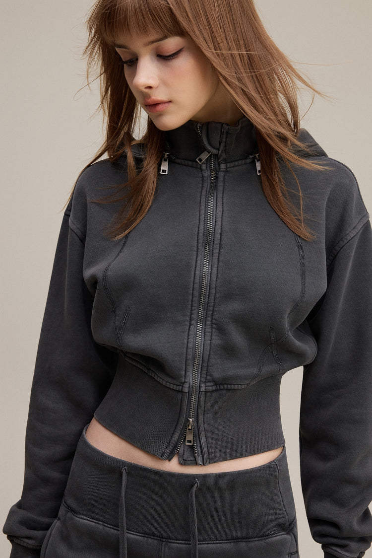 400GSM Women's Slim-Fit Pigment-Wash Zip-Up Hoodie with Detachable Hood Dark gray