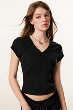 275GSM Women’s V-Neck Ski-Inspired Distressed-Wash T-shirt Snow wash
