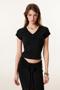 275GSM Women’s V-Neck Ski-Inspired Distressed-Wash T-shirt Snow wash