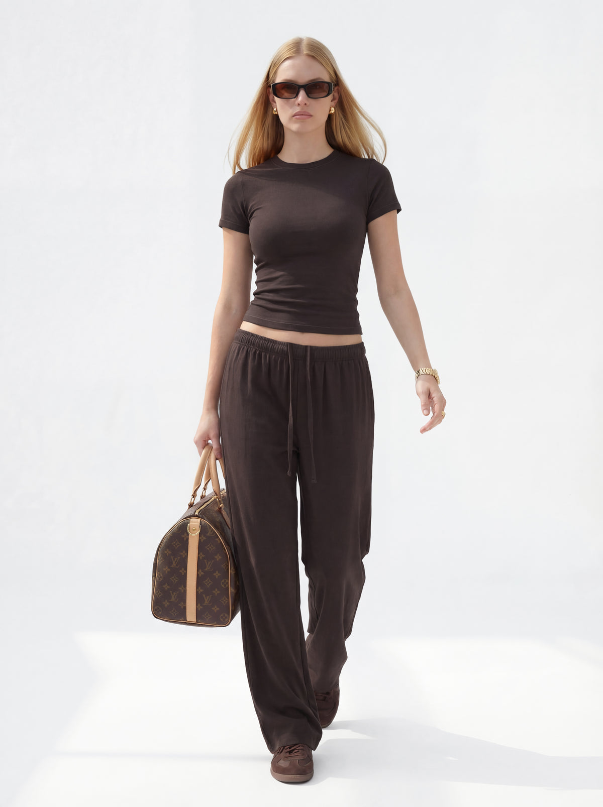 200GSM Women's High-Stretch Spandex Jersey Fitted T-Shirt Coffee