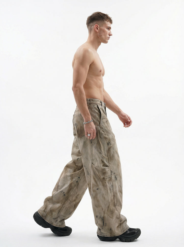 270GSM Men's Cotton Twill Denim Print Loose Fit Pants Mustard Yellow