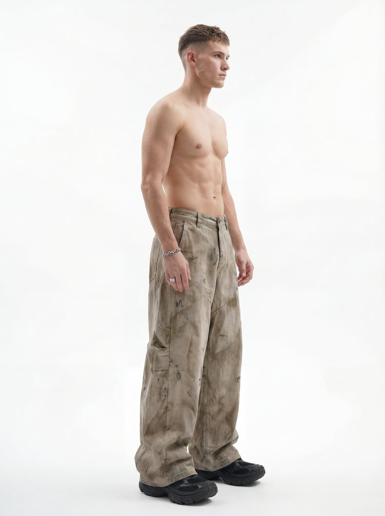 270GSM Men's Cotton Twill Denim Print Loose Fit Pants Mustard Yellow