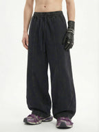 320GSM Men's Textured Denim Curved Panel Straight Pants Snow Washed Black