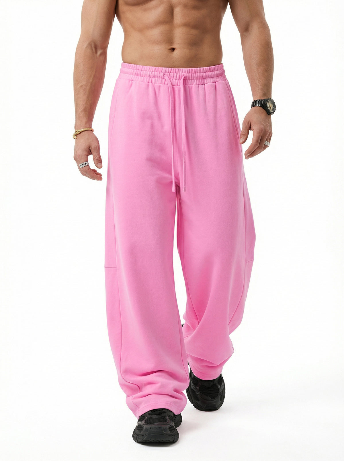 320GSM Men's Textured Denim Curved Panel Pants Pink