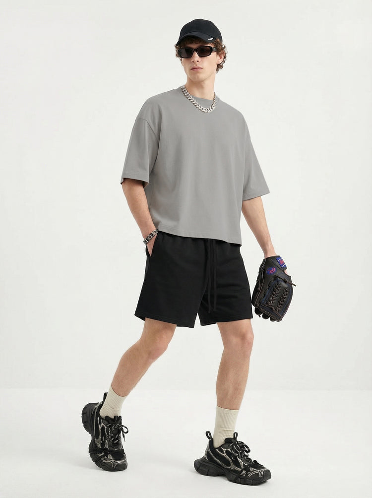 230GSM Men's Combed Cotton Plain Knit Boxy T-Shirt Light Gray