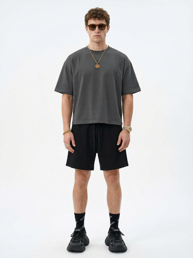 230GSM Men's Combed Cotton Plain Knit Boxy T-Shirt Dark Gray