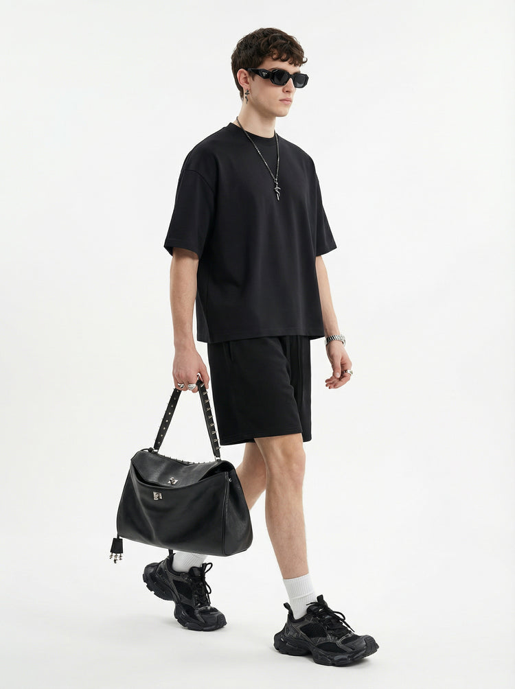 230GSM Men's Combed Cotton Plain Knit Boxy T-Shirt Black