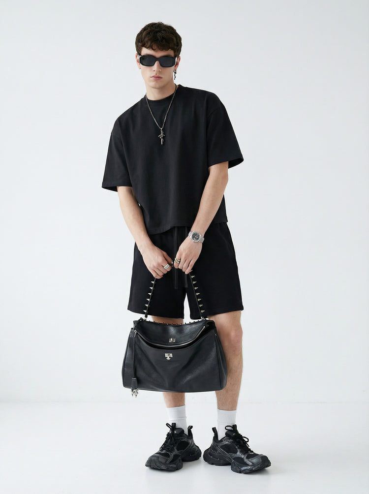 230GSM Men's Combed Cotton Plain Knit Boxy T-Shirt Black
