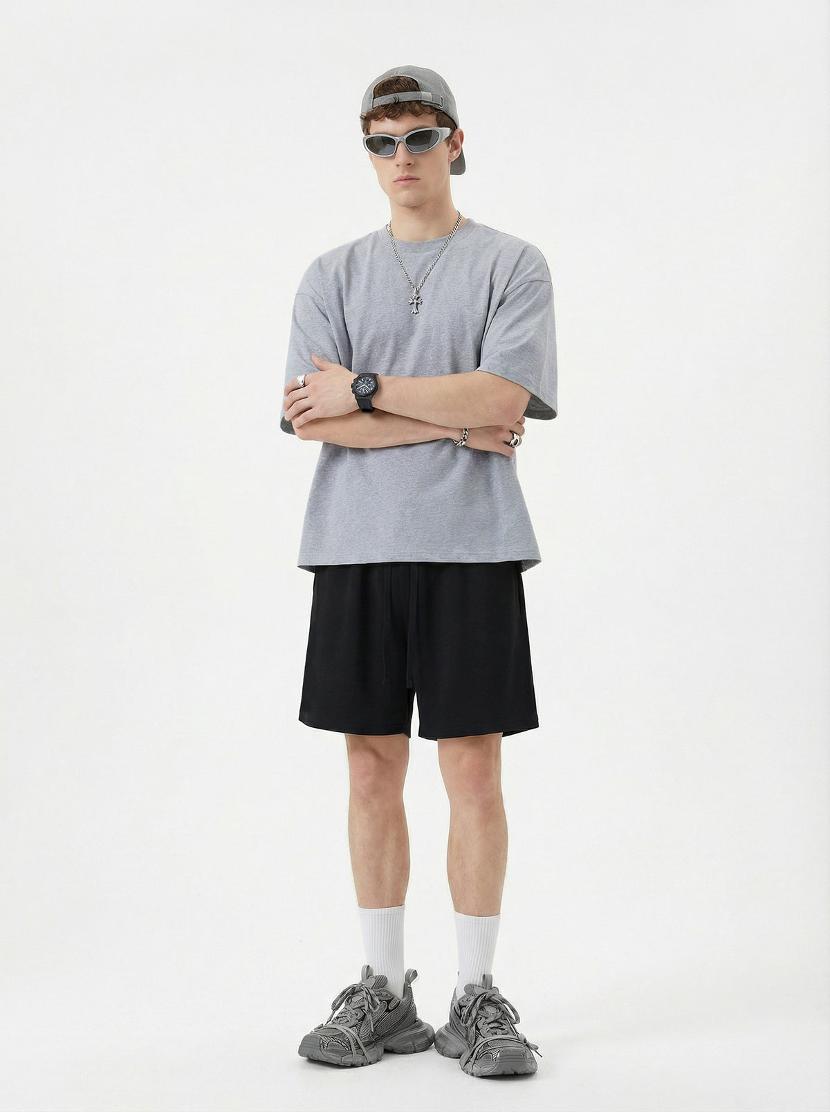 230GSM Men's Combed Cotton Plain Knit Boxy T-Shirt Mid Heather Gray