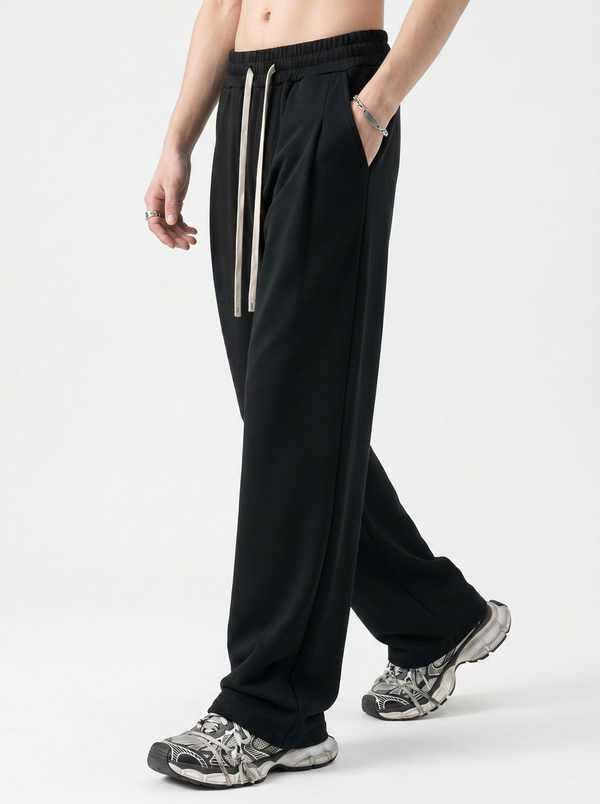 320GSM Men's Old Money Textured Straight-Leg Pants Black