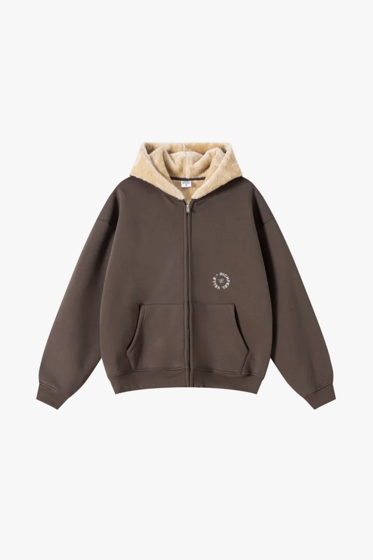 560GSM Unisex Composite Fleece Zip-Up Hoodie Brown